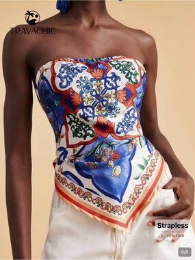 Travachic Strapless Scarf Top - Multicolor Tile Print